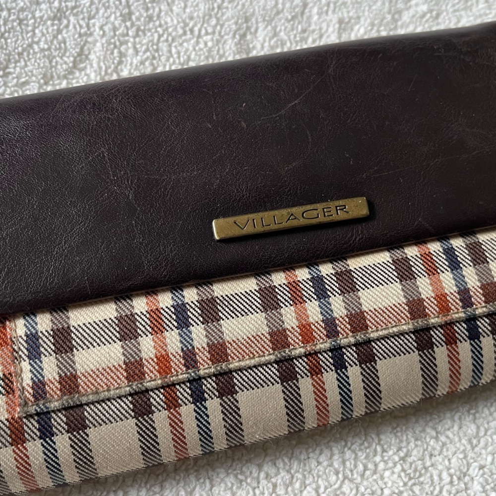 Villager Trifold Wallet, brown leather w brown red tan plaid. Cream interior - Picture 2 of 8
